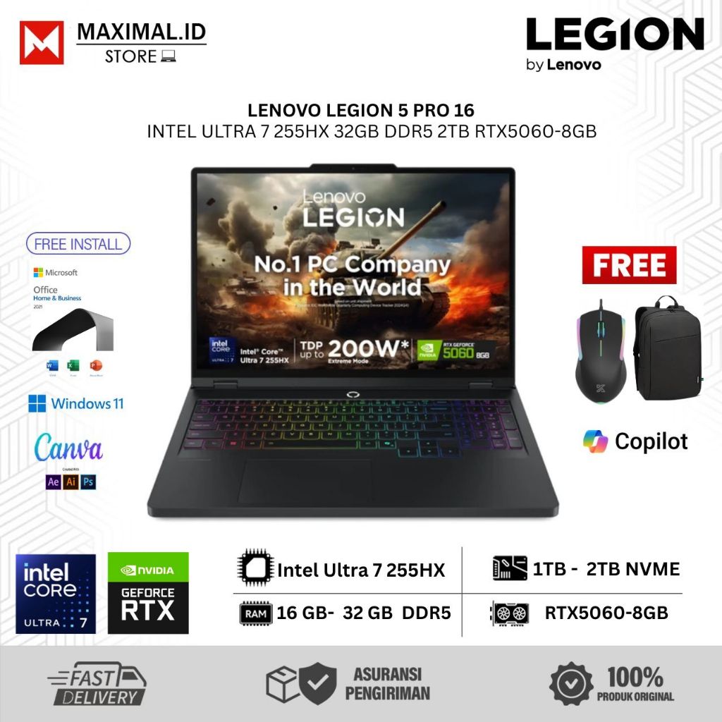 Laptop Gaming Lenovo Legion 5 Pro 16 Intel Ultra 7 255HX 16GB DDR5 2TB RTX5060-8GB WQXGA OLED Win11