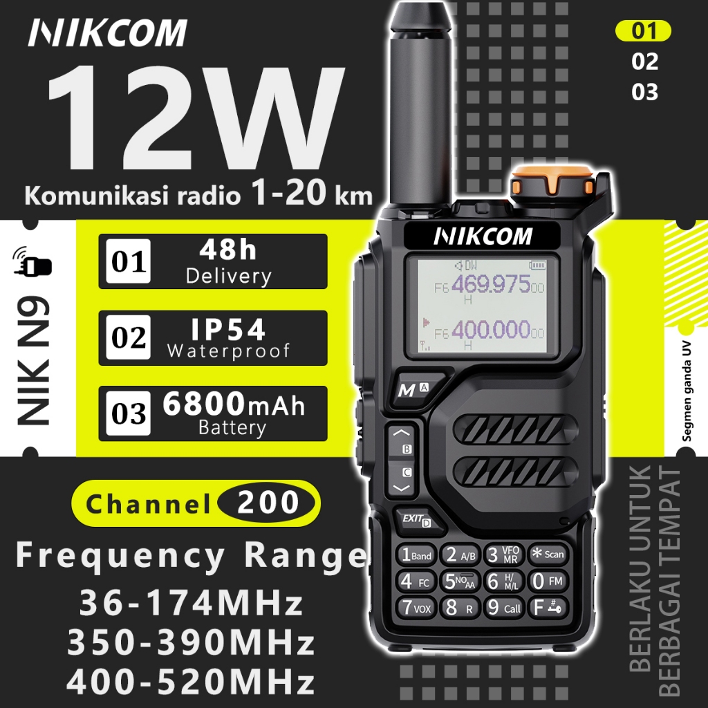 HT NIKCOM N9 Walkie Talkie HT Jarak Jauh 20km 12W Dual Band 200 Channels IP54 Water Proof 6800MAH