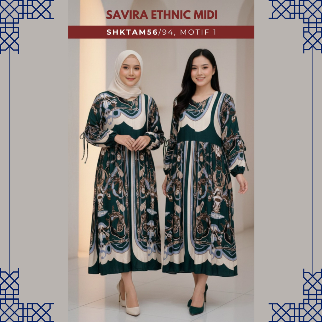 BabaAli - Savira Ethnic Midi Dress – Dress Wanita Motif Etnik Elegan