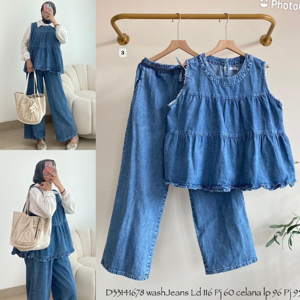 - Lucky Lacky Boutique - Setelan Wanita Wash Jeans Denim Premium - One Set Vest Tunik Ruffle & Celan