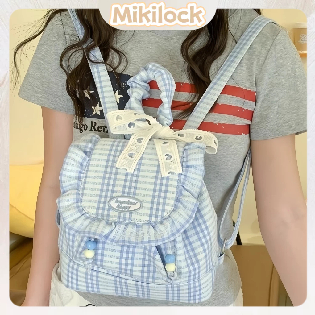Mikilock Tas Ranse Renda Baru Tas Ransel Kotak-Kotak Korea Lucu Tas Ransel Perempuan Wanita Korea Im
