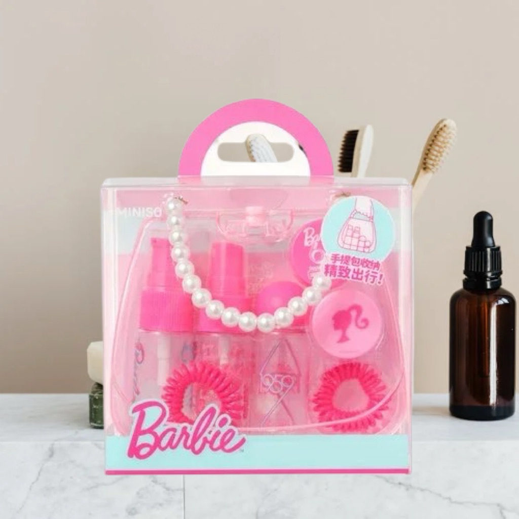 MINISO BARBIE TRAVEL SET BOTTLE BOTOL JAR ISI ULANG CREAM TRAVLEING