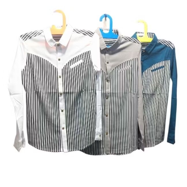 Kemeja import salur stripes pria lengan panjang merk NXNITROX bahan stretch M L XL