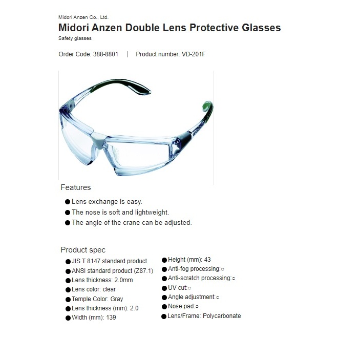 Midori Anzen Two-Lens Safety Glasses VD-201F