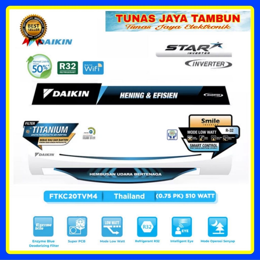 DAIKIN AC INVERTER STAR FTKC 20 TVM 4 / AC DAIKIN FTKC 20TVM4 THAILAND INVERTER STAR 3/4 PK