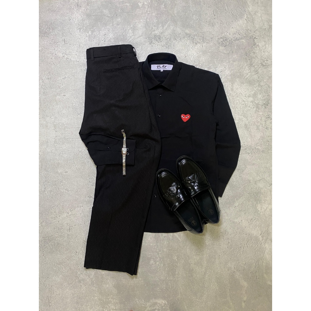 Kemeja Shirt CDG Play Black Red Emblem Pria Wanita Cotton Original