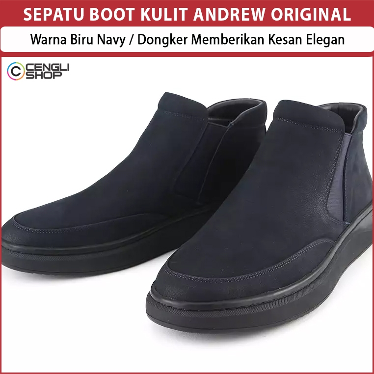 Sepatu Boot Kulit Kasual Pria ANDREW Original Biru Navy Dongker Rapi dan Berkelas ANM02