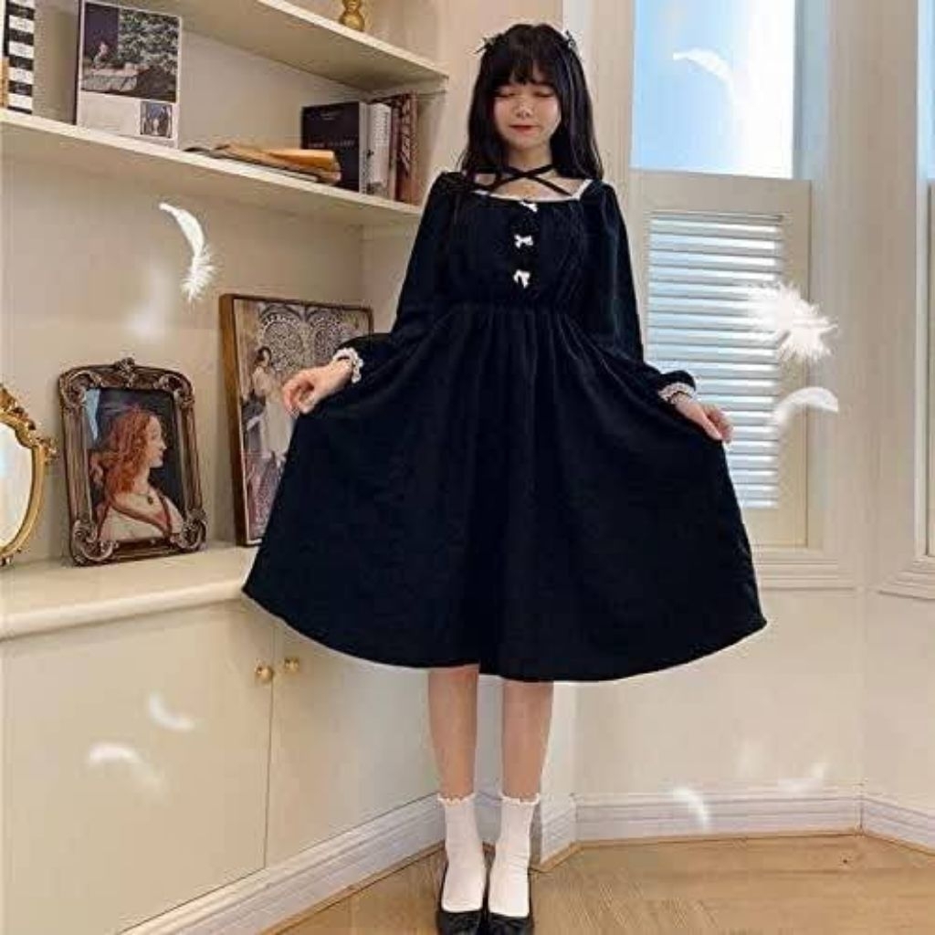 Long Dress Simple Lolita Vintage Black Cottagecore