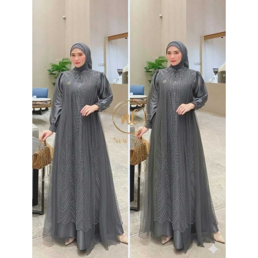 Gamis Mewah Leya Velvet Brukat Wanita Muslimah-Grey