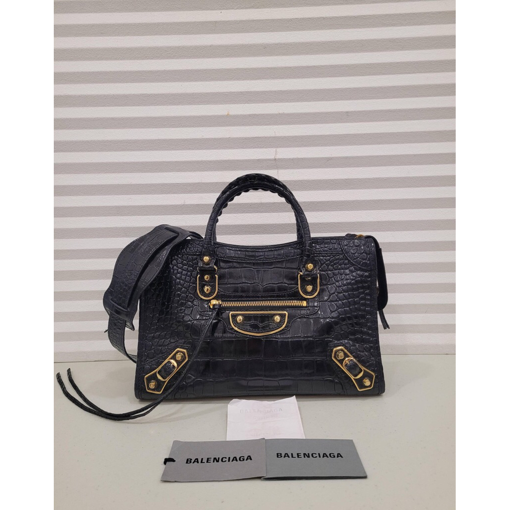 (PRELOVED) Balenciaga Small City Edge Croco Embossed Black GHW 2023