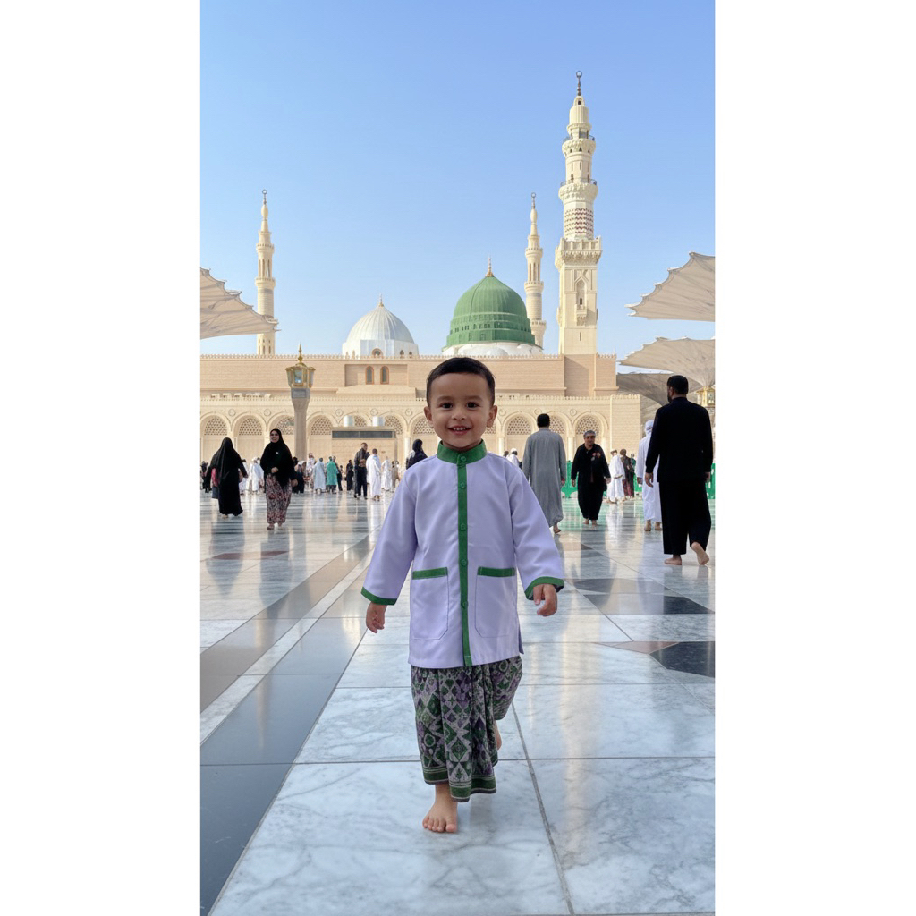 Baju KoKo Anak Warna Putih List Hijau Baju Muslim Anak Laki-Laki Terbaru