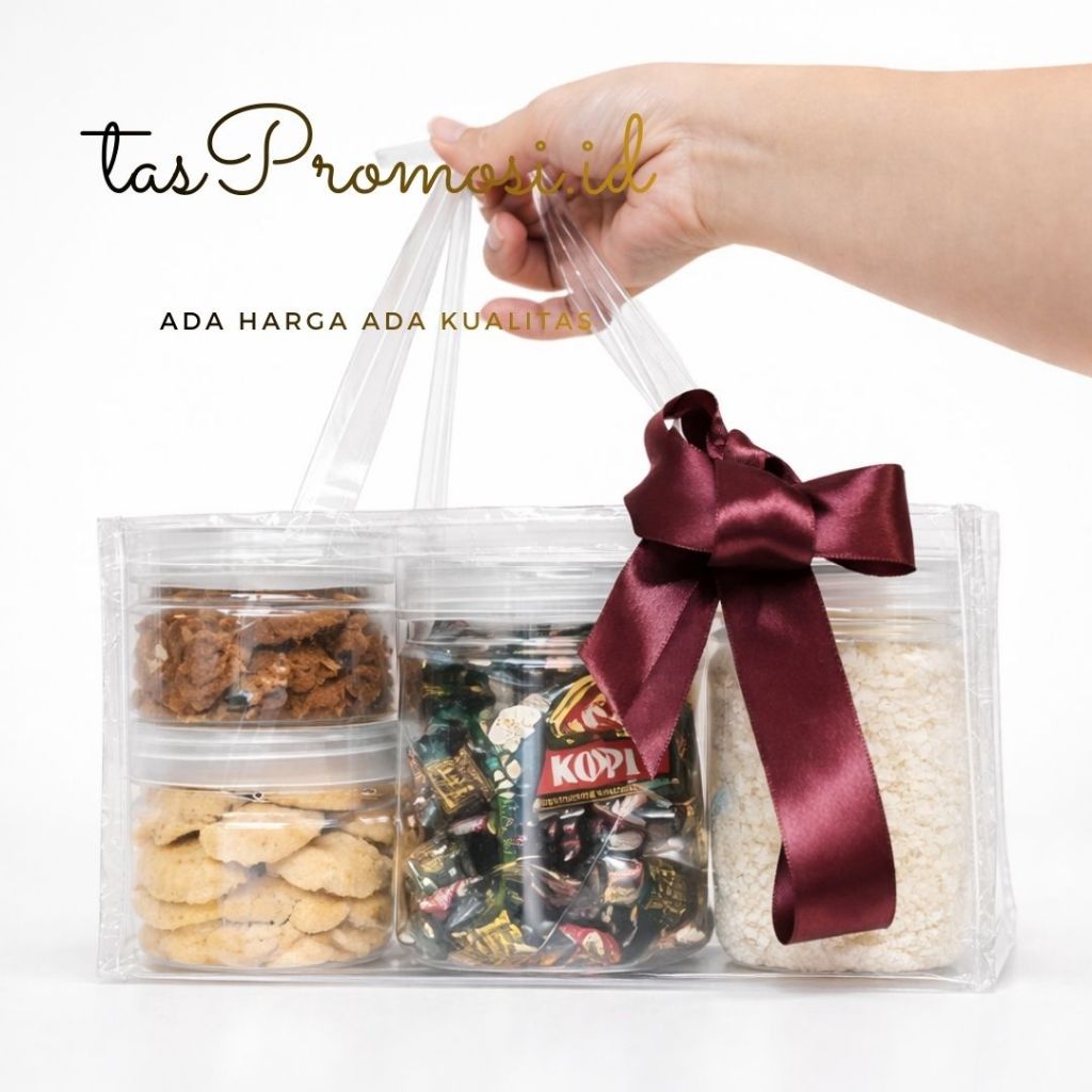 Tas 3 toples TABUNG 300ml 800 600 1000 Transparan botol 10X10 Goodie Bag Toples souvenir KUE KERINg