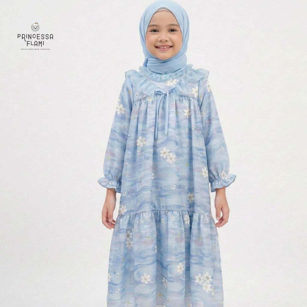 Princessa Flami Gamis Muslim Anak Blue Flower Organza Dress G1241