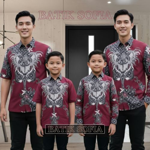 Kemeja Batik Anak Cowok Keren M L XL XXL Warna Maron Batik Sofia Lengan Panjang Kemeja Hem Pendek