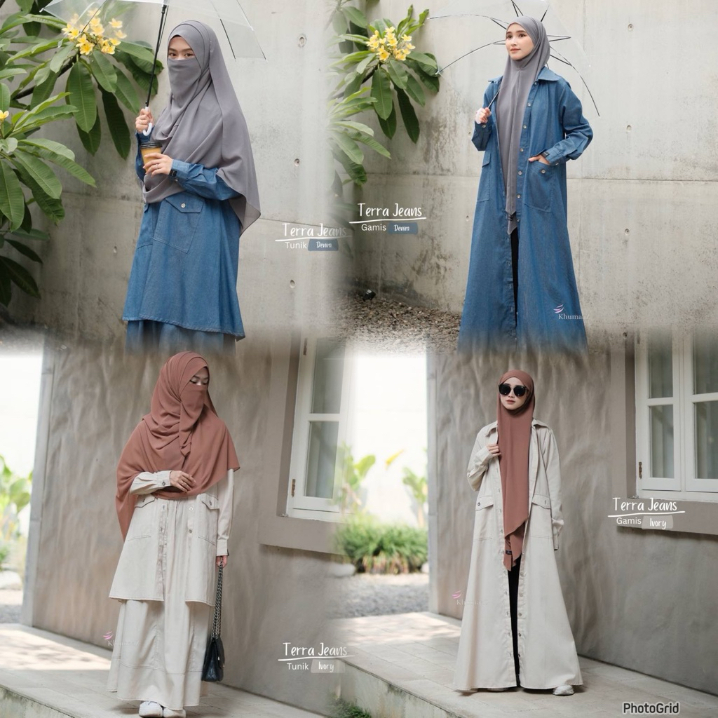 Gamis dan Tunik Terra Jeans - Dress syari - Syar’i - Biru Blue Denim - Ivory Krem - Long Outer - Khu