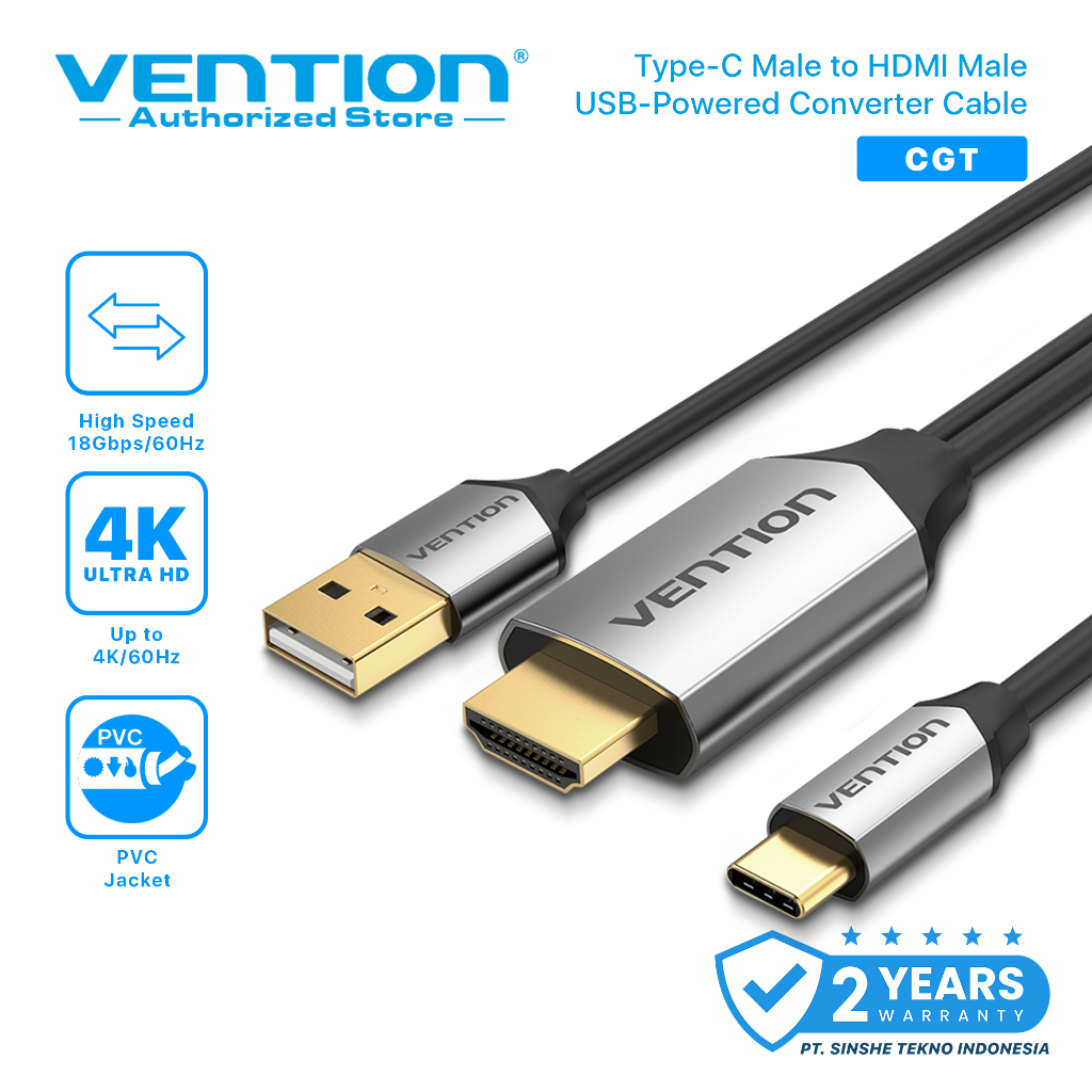 Vention CGT kabel Type-C to HDMI Male Converter 4k 60hz With Power Supply