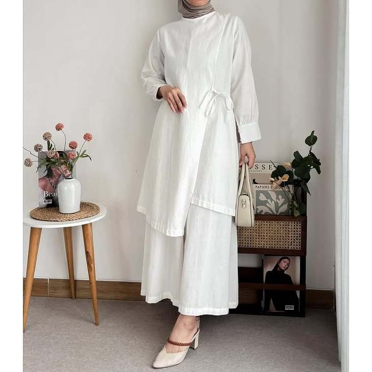 lolifashion8 Set Atasan + Celana Wanita Samira One Set Muslimah Bahan Linen Setelan Murah Kekinian