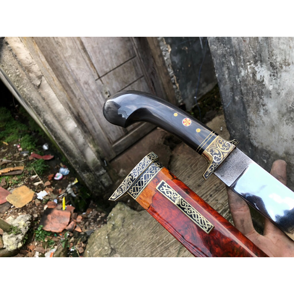 Pisau Sembelih Baja BOHLER N690 40cm 59 HRC Tajam - Sarung Kayu BURL Amboyna, Gagang Tanduk kerbau k