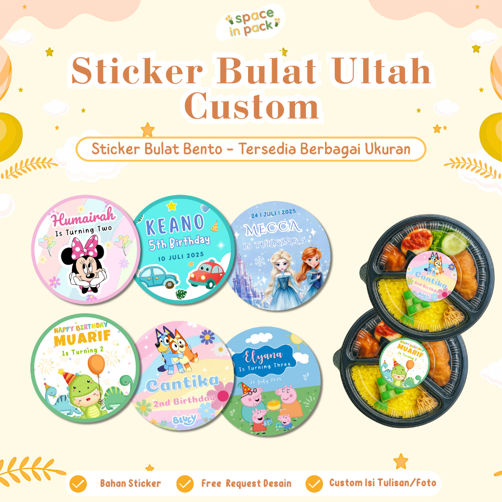 Spaceinpack - Stiker Ulang Tahun Bulat Custom / Sticker Bento Bulat Custom Ultah, Aqiqah, Khitan