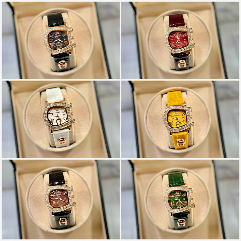 SALE Jam Tangan Aigner Cewek Model Kotak Permata Analog Kulit