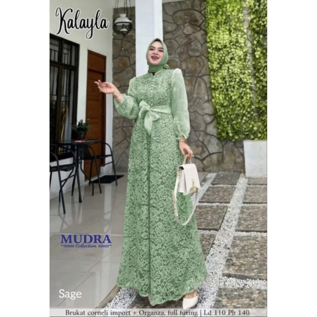 Preloved Gamis Wanita Brukat Organza Hijau Sage