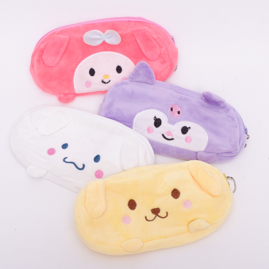 Kotak Pensil Plushy Sanrio Tangan Pencil Case Tempat Alat Tulis Cinnamoroll Kuromi Melody Purin Lemb