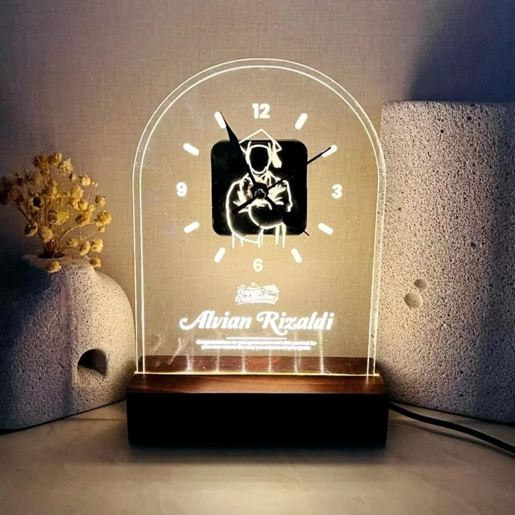 B25 LineArt Jam Lampu Tidur Akrilik Custom Nama LED – Kado Nikah, Anniversary, Pacar & Sahabat | Had