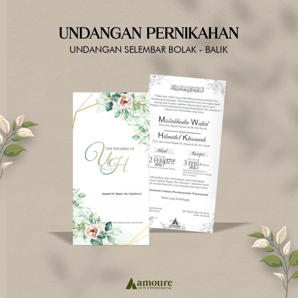 Undangan Pernikahan 1 Lembar Bolak Balik Simple Minimalis / Undangan Pernikahan 1 Lembar Custom