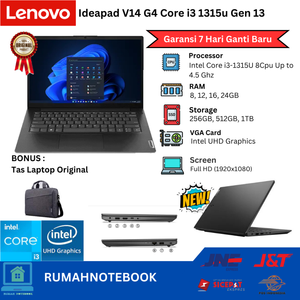Laptop Baru Lenovo V14 Core i3 1315u 8Cpus Upto 4,5Ghz Gen 13 Business Black  RAM 24GB SSD  1TB