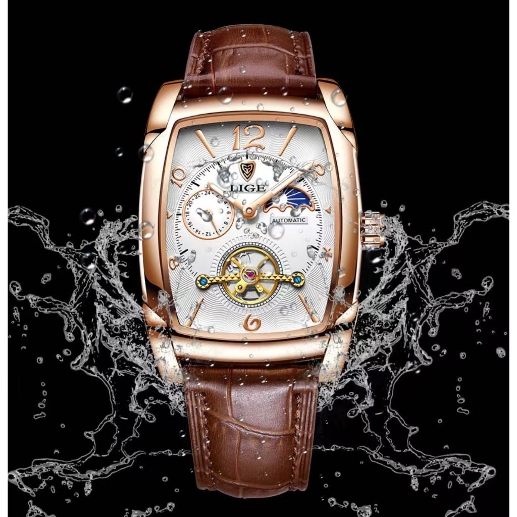 LIGE/Liger Men's Mechanical Watch Square Shell Tourbillon Watch Multi functional Waterproof Watch