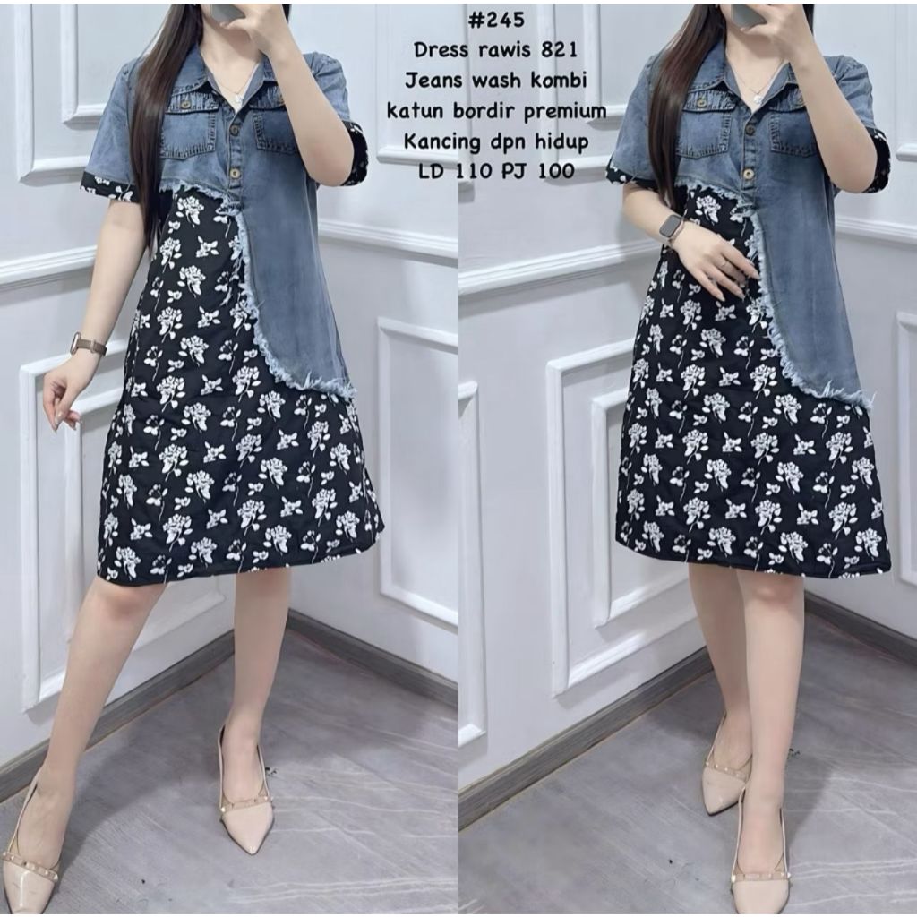 DRESS JEANS KOMBINASI MOTIF PREMIUM BESTSELLER / MIDI DRESS JEANS VIRAL