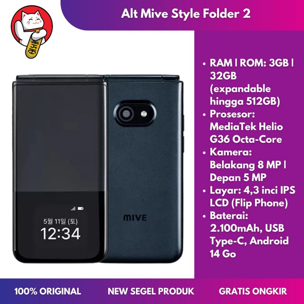 ALT Mive Style Folder 2 AT M140 4G RAM 3GB ROM 32GB Helio G36 Flip Phone Android 14 Go Layar 4.3 Inc