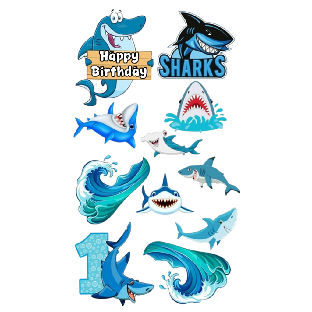 TOPPER CAKE IKAN HIU | HIASAN KUE ULANG TAHUN GAMBAR HEWAN LAUT BISA CUSTOM NAMA