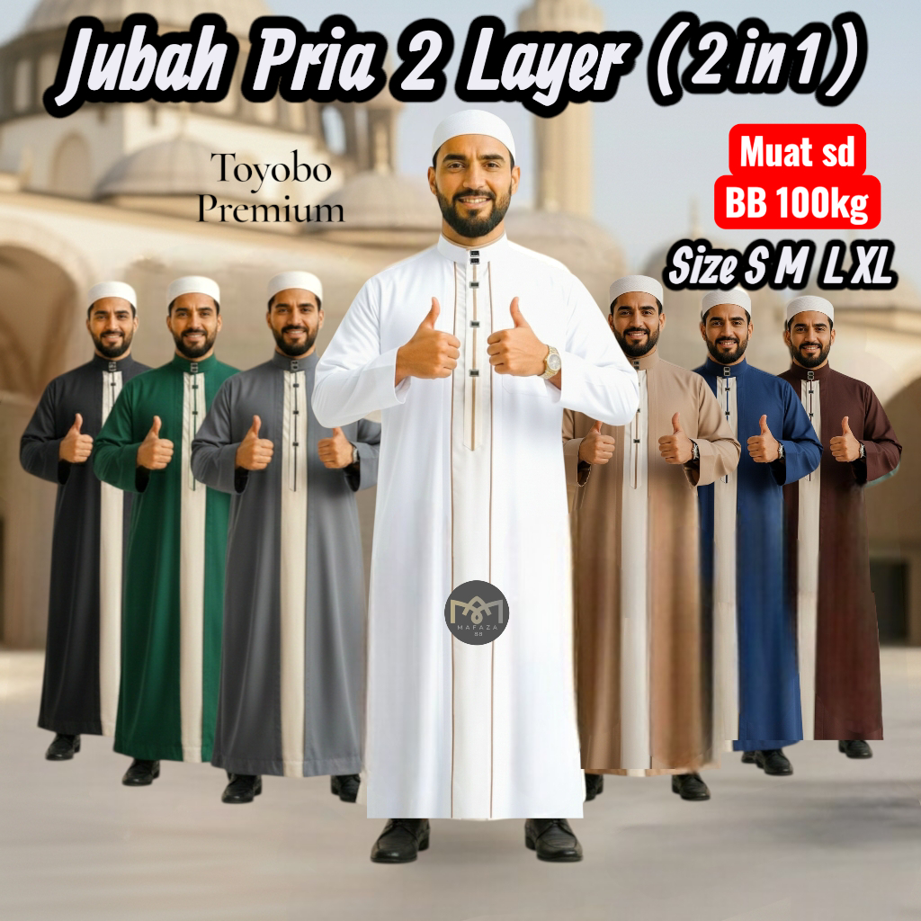 Jubah Gamis Pria Dewasa 2 Layer 2 in 1 TOYOBO PREMIUM ADEM Kancing Snap Impot Model Motif Haromain L