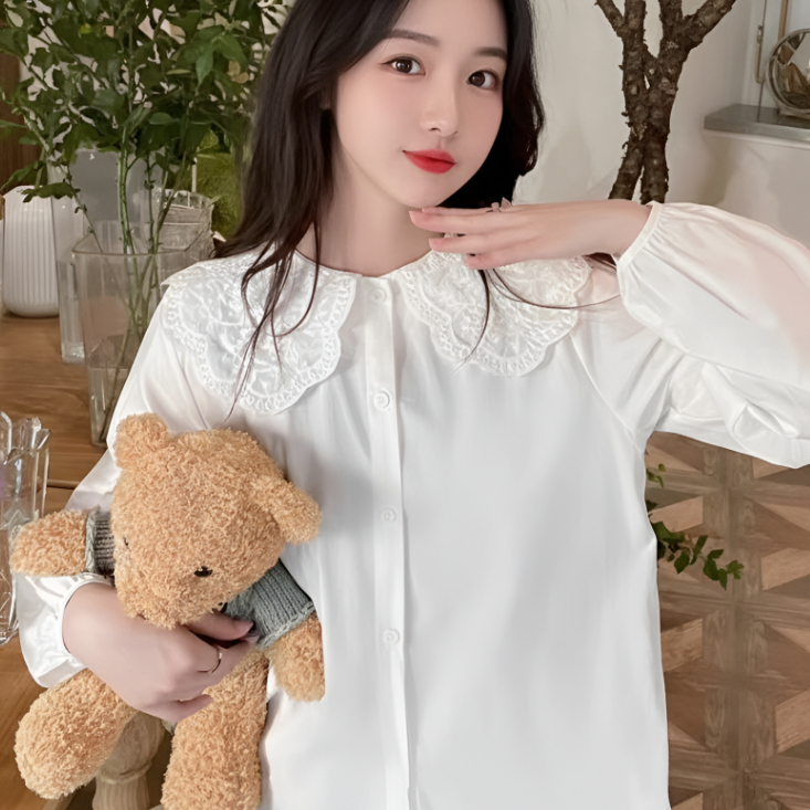 Kemeja Wanita Vintage Kekinian YZ Kemeja Putih Lengan Panjang Kerah Model Petter Pan Dengan Renda Bo