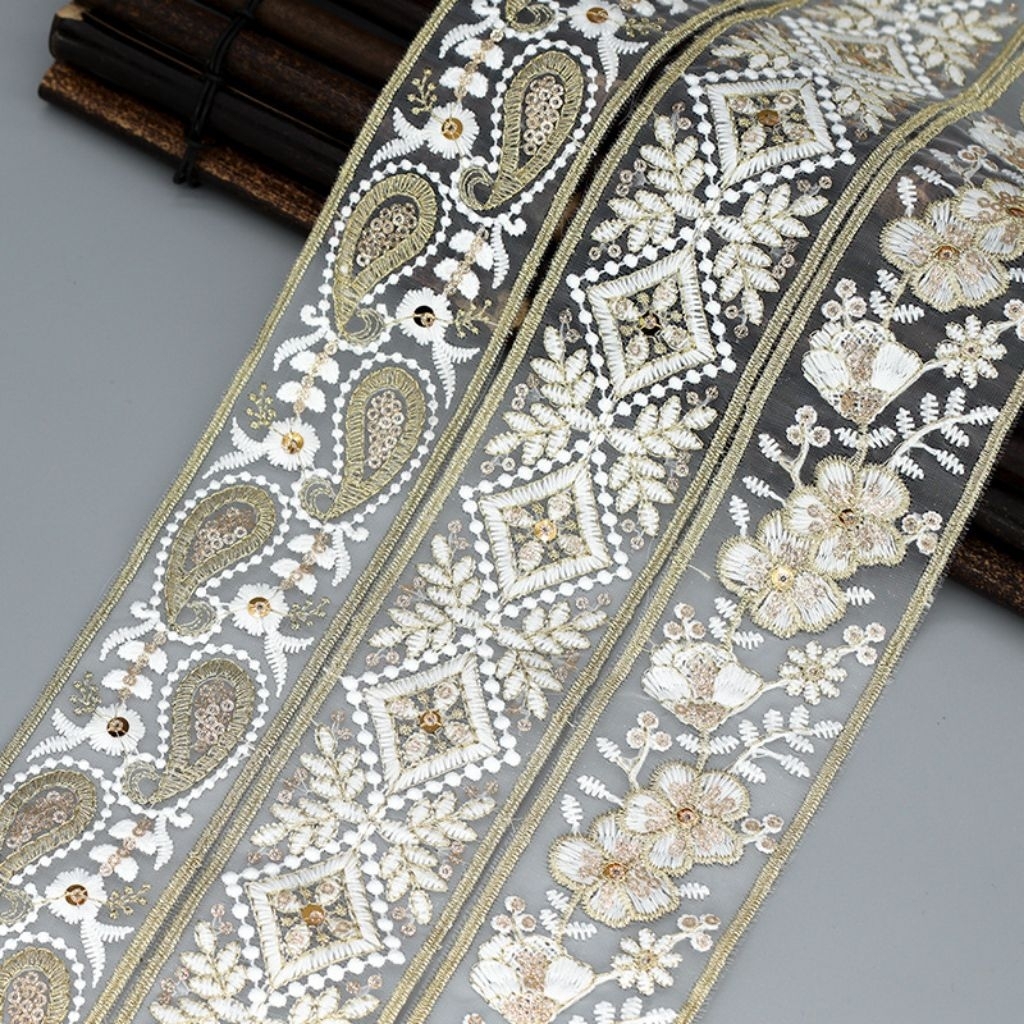 renda(1) bordir per-meter (100cm) lebar 5cm, renda white gold