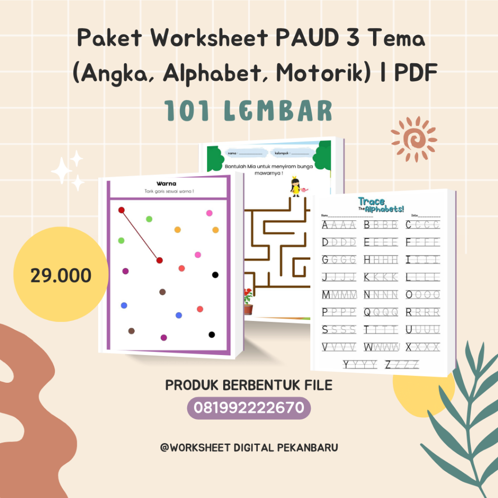 Paket Worksheet PAUD 3 Tema (Angka, Alphabet, Motorik) | PDF