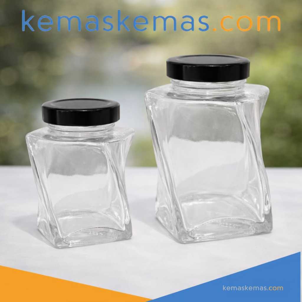 Botol Kaca Square Twist / Jar Kaca Kotak Unik + Tutup