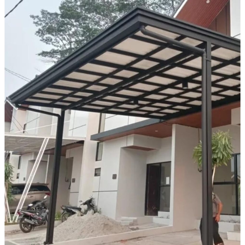 Kanopi rangka besi hollow galvanis dan atap alderon rs single layer