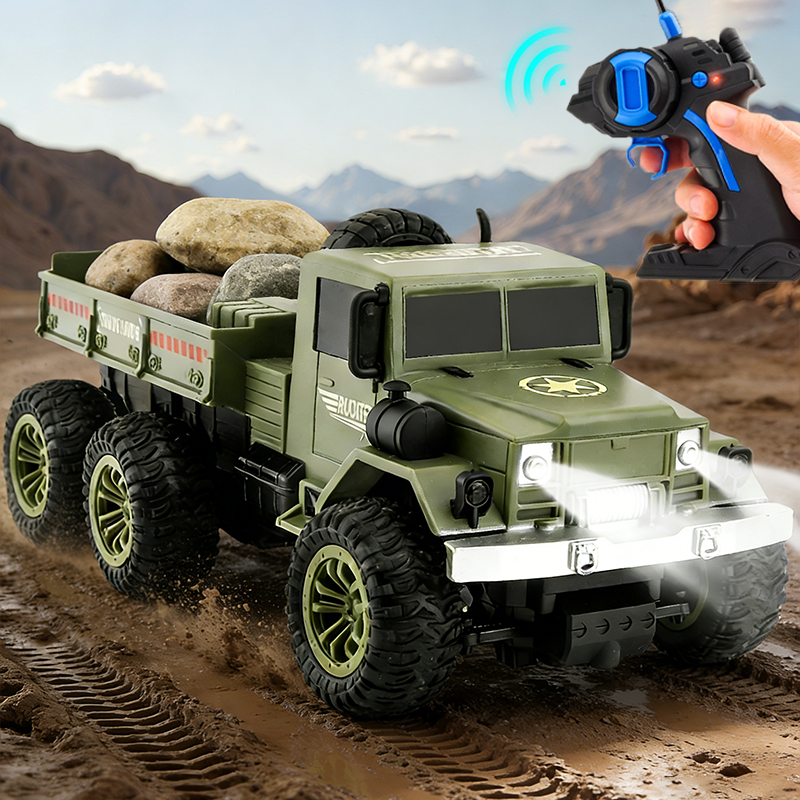 Mobil Truk Kargo Militer 4WD Remote Control Truk Militer dengan Lampu Terang RC Mobil Monster Roda 6