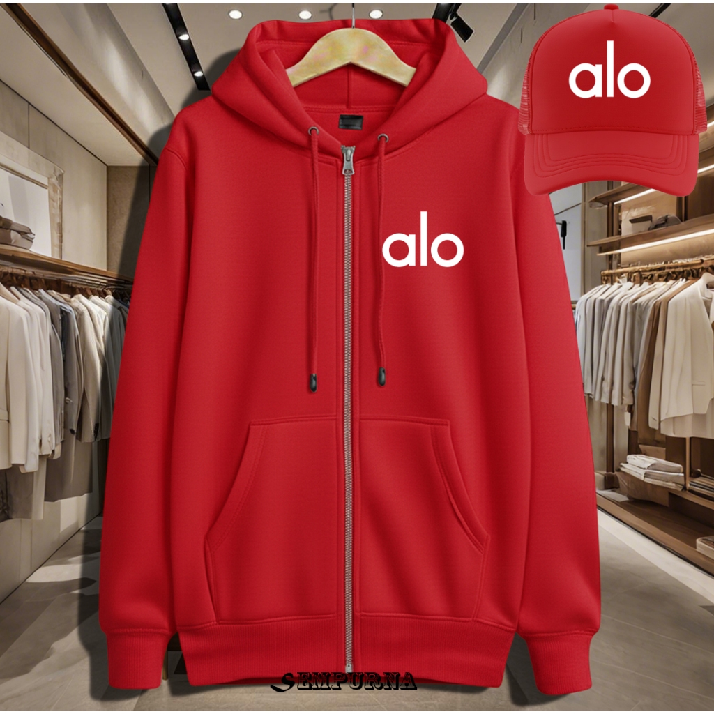 BONUS TOPI JAKET ALO PUTIH DISTRO FLEECE//JACKET/HOODIE/VARSITY FASHION UNISEX//PRIA DAN WANITA//GOO