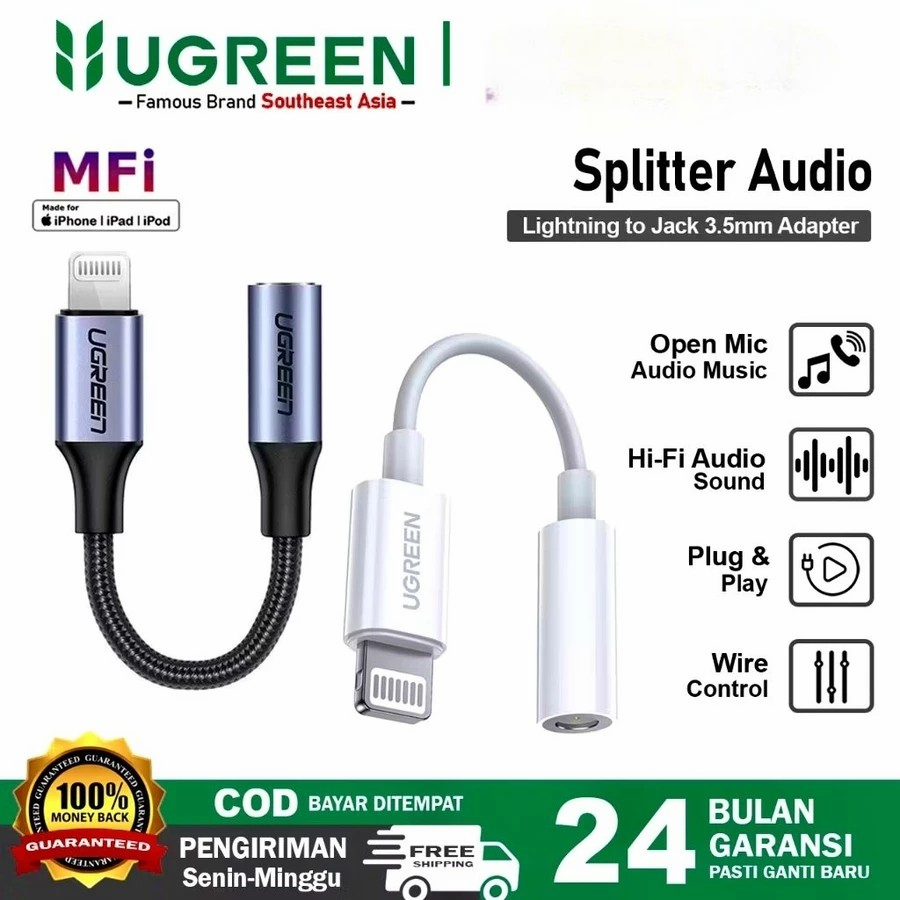 UGREEN Converter Splitter iPhone Mfi Lightning To Jack 3.5Mm Original