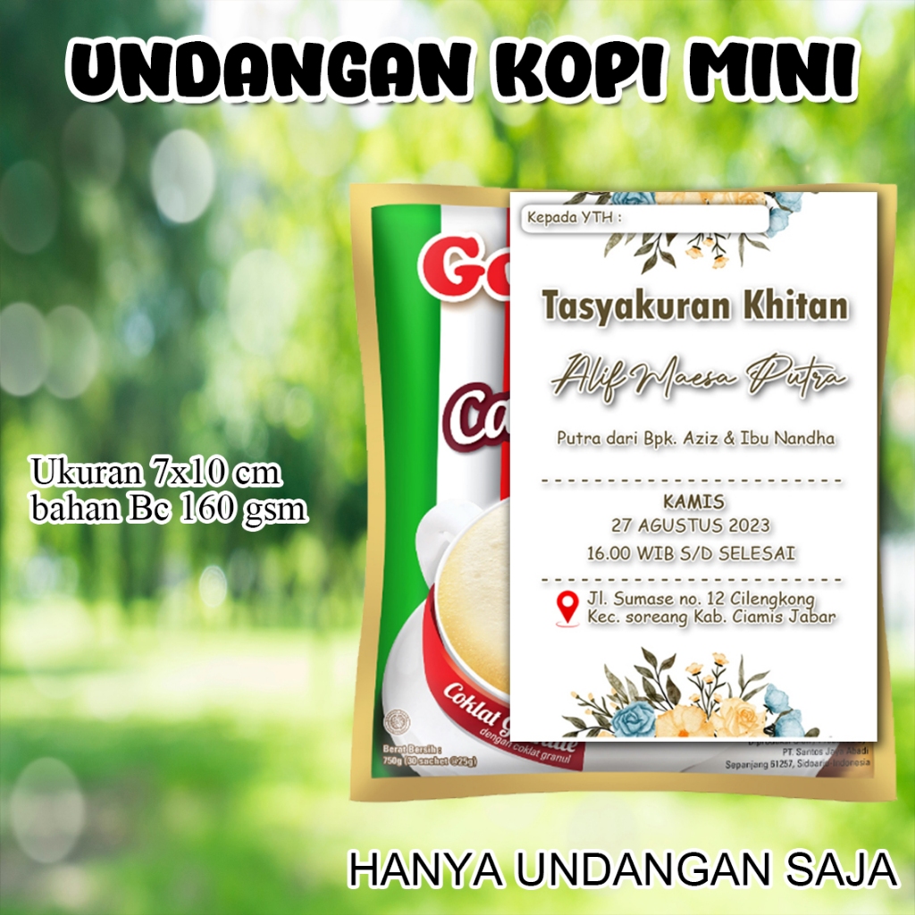 Undangan mini kopi KM 02  khitanan pernikahan ukuran 7.5 x 9 Cm bahan Karton BC