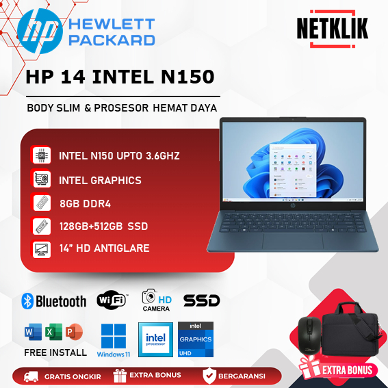 Laptop HP 14 N150 Slim Ringan RAM 8GB 128GB - 512GB SSD WIN11 Baru Warna Blue