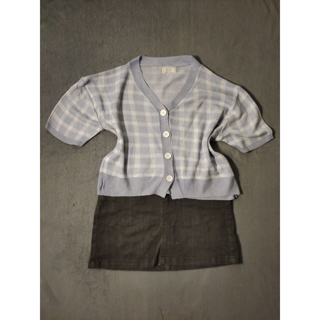 Cardigan Rajut CropTop Vneck Lengan Pendek motif Kotak Kotak Cutee