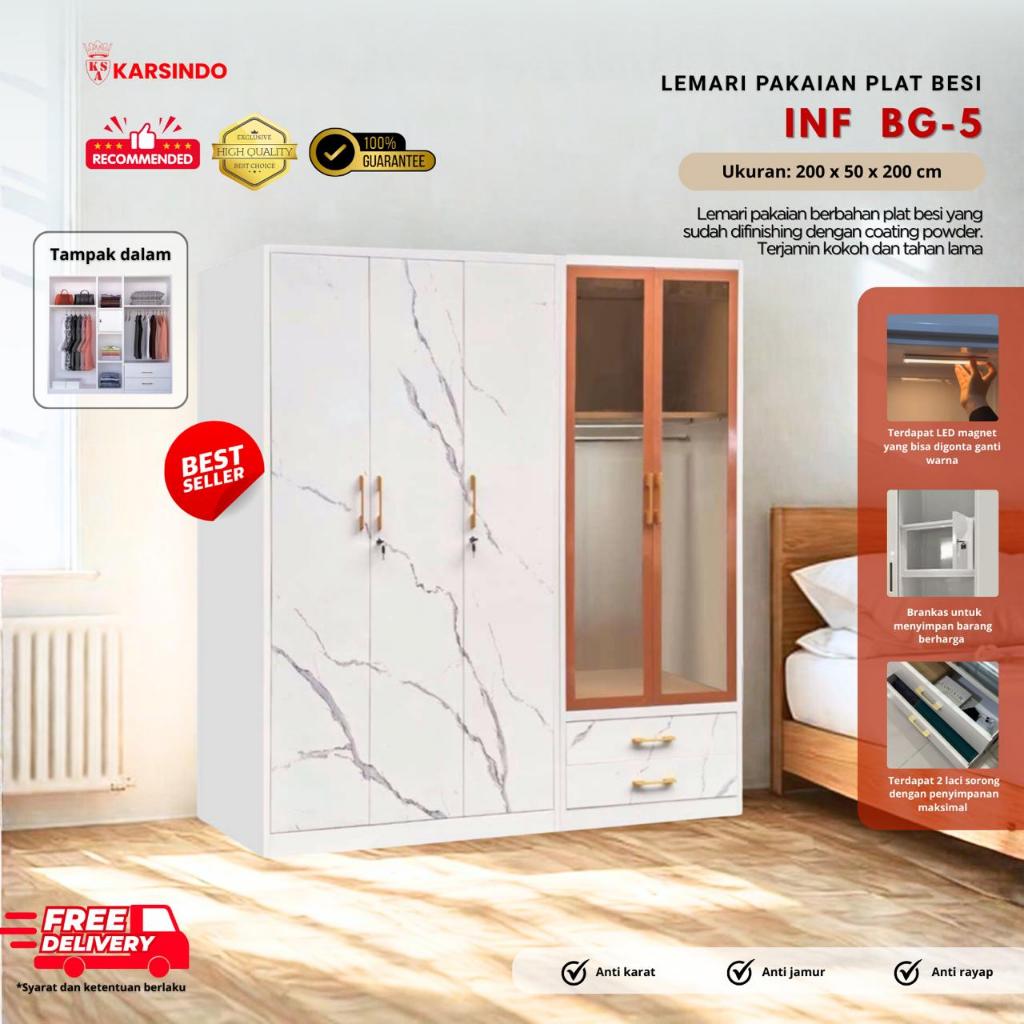 Karsindo - Lemari Pakaian Besi LED Kaca 5 Pintu Almari Baju Putih Mewah Anti Rayap & Jamur - BG5