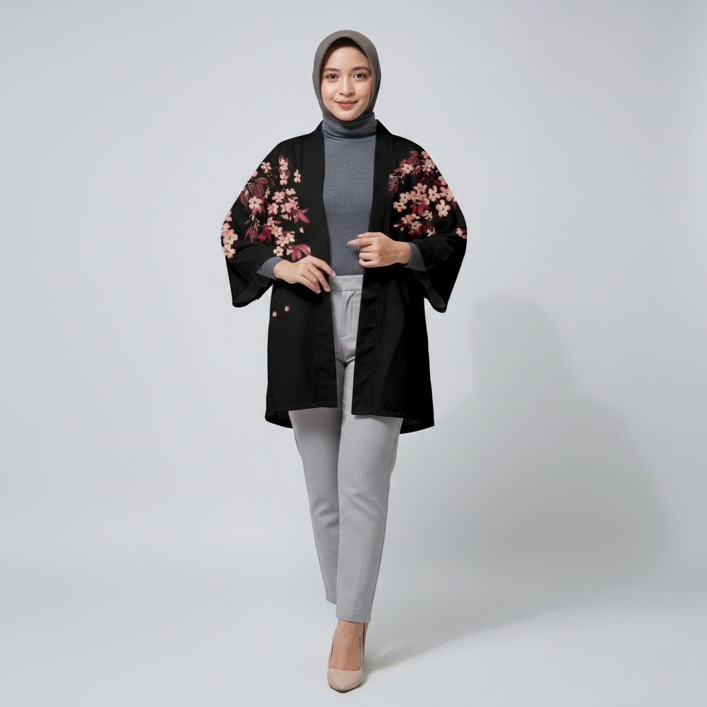 Kimono Haori Polyester Black Sakura Koi Fish Premium