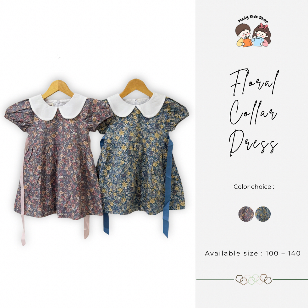 Dress Anak Perempuan Motif Bunga Kecil Kerah Putih Pita Lucu | Baju Anak Cewek Katun Adem 100-140