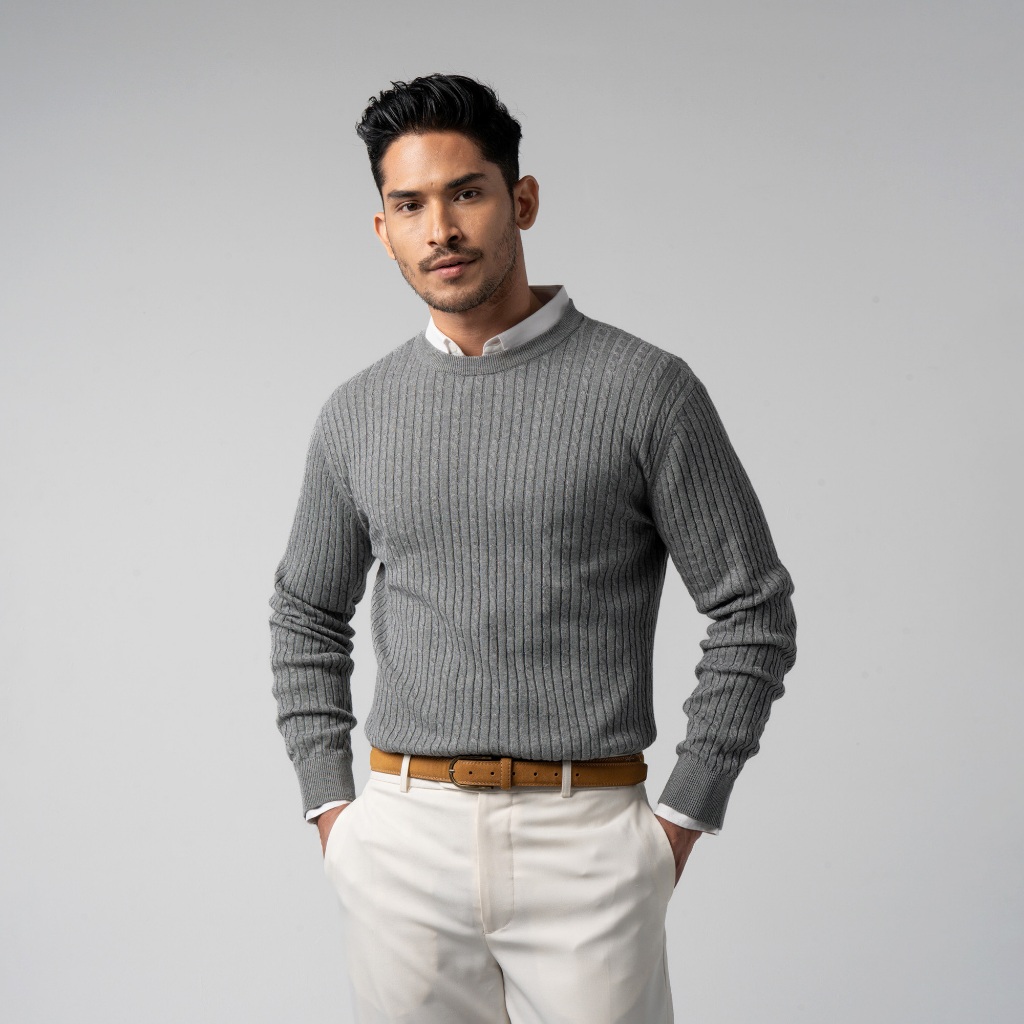 VENGOZ Sweater Rajut Pria Premium - Mens Cable Knit Cotton Sweater Grey LS
