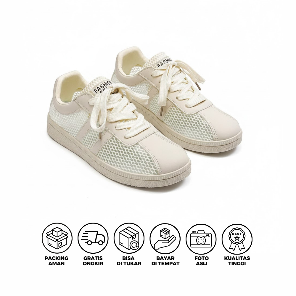 Sepatu Sneakers Jaring Beige Wanita – Breathable & Stylish Ukuran 36-41 Korea Style Aesthetic